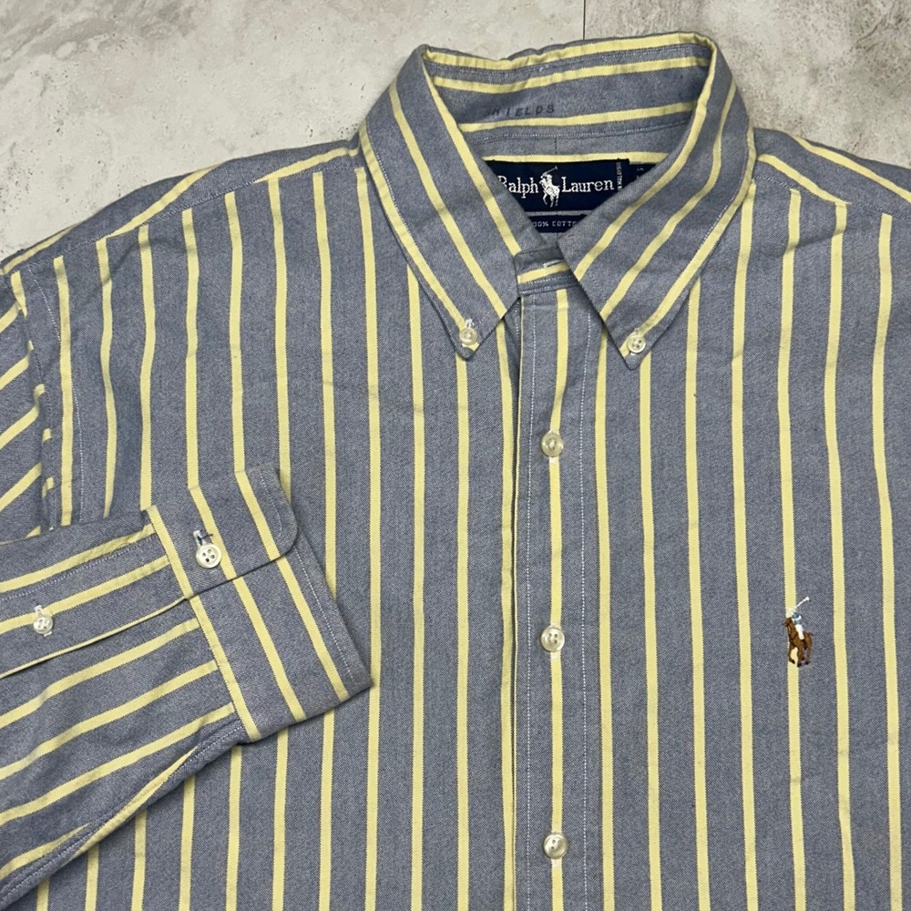 Ralph Lauren Oxford Shirt Blue Yellow Striped Mens 17.5 36 XL Cotton Button Down